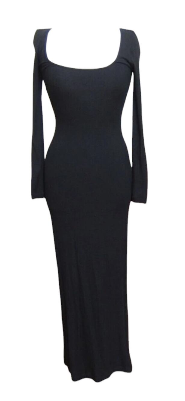 PUMIEY Black Square Neck Long Sleeve Ribbed Bodycon Maxi Dress Women’s Small